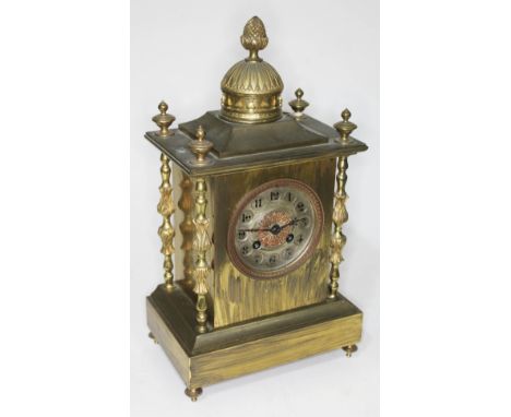 A late 19th century French brass architectural mantle clock, height 35cm.  