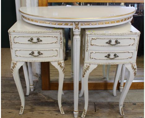 A cream and gilt console table and a pair of French style two drawer bedside tables