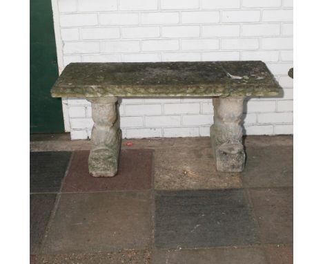 Garden bench seat on dolphin twin pillar base 