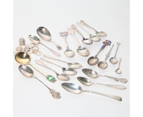 Collection of miscellaneous silver spoons including a caddy spoon, souvenier spoon, enamelled examples etc. and a small colle