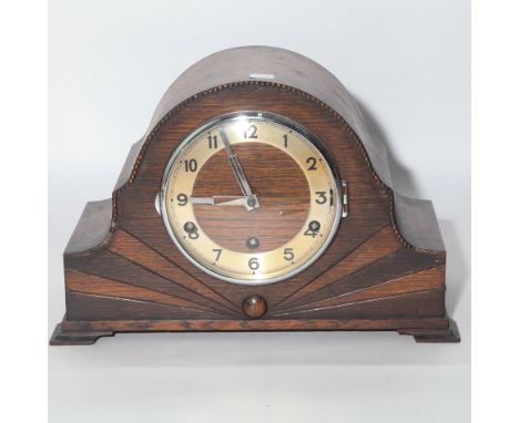 Art deco style Westminster chiming mantel clock in oak case 