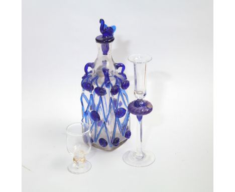 Murano blue glass handmade decanter with stopper, small signed clear glass goblet and a signed candle stick with blue glass k