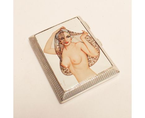 Hallmarked silver cigarette case with engine turned decoration, gilt interior and applied enamel depicting varga girl, Cheste
