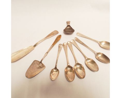 Georgian silver caddy spoon, butter knife, pastry trowel and 6 19th century teaspoons.  5oz troy gross