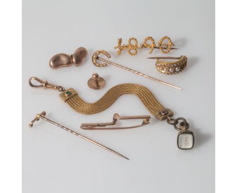 Victorian 15ct gold rope twist brooch depicting date 1890, two stick pins, odd gold cufflinks etc, and a Victorian gold fob. 