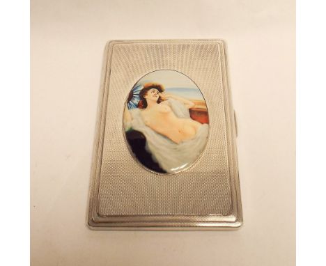 1930's silver engine turned rectangular cigarette case with oval applied enamel plaque depicting nude.  London hallmarks 1938