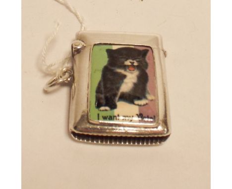 Edwardian silver vesta case with applied enamel depicting Suffragette cat   all ok - no monograms