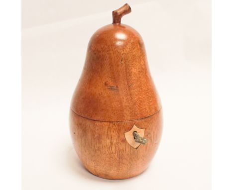 Georgian style fruit wood pear shaped tea caddy with key, 19cm tall 