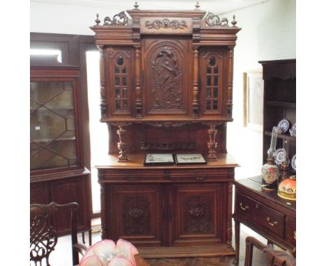 French medium oak carved buffet sideboard cabinet 55" wide 8' high 