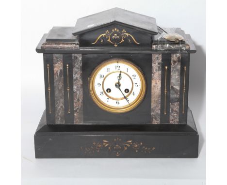 Victorian striking mantel clock in black marble case, 12" wide and 20" high