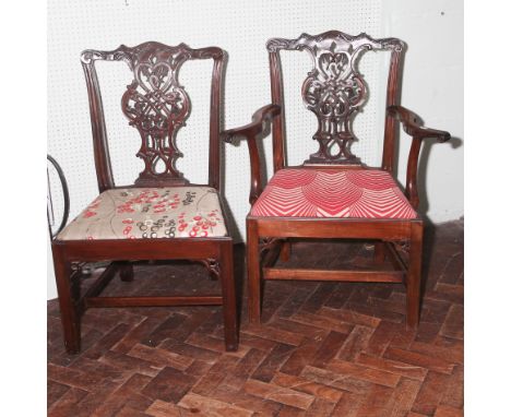 Set of 8 Georgian Chippendale style mahogany dining chairs, 6 standards and 2 carvers with harlequin material covered seats 