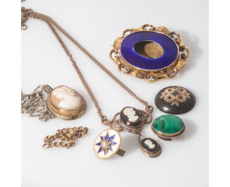 Victorian oval blue enamel and gold brooch, pique work panel, cameo set pendant necklaces and a malachite stud (5)  Blue enam