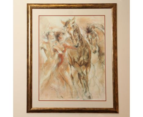 Original Serigraph titled Equine Dame II depicting semi clad figures with horses, limited edition 103cm x 86cm - signed by th