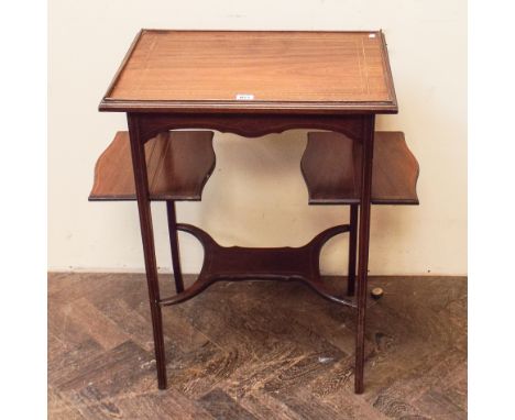 Edwardian inlaid mahogany two tier occasional table with side shelves that fold.  Overall at widest part with shelves up 28" 