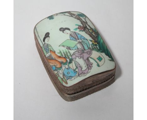 Japanese coffer shaped trinket box inset porcelain panel, appx 17cm x 12cm  Condition - Porcelain panel OK, some silver plati
