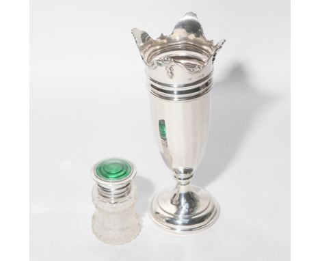 1920's Mappin & Webb spill vase with shaped reeded and shell patterned top, engraved Mother & Dad, weighted base, hallmarked 