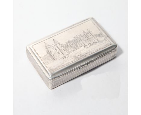 George IV Scottish silver snuff box of rectangular form with engraved castle top view, gilded interior with presentation engr