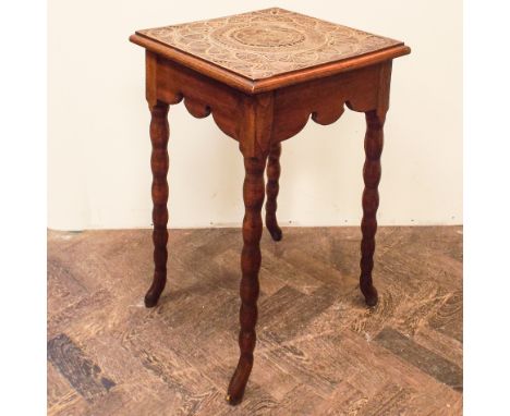 Square carved mahogany occasional table on bobbin turned legs 16" square x 28" high