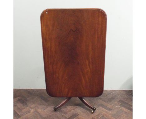 Georgian rectangular mahogany snap over breakfast table on gun barrel pillar and tripod base with brass feet, appx 4'3 x 2'9