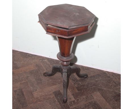 Octagonal Victorian walnut work box on pillar and tripod base in need of restoration 27" high x 15" across the top