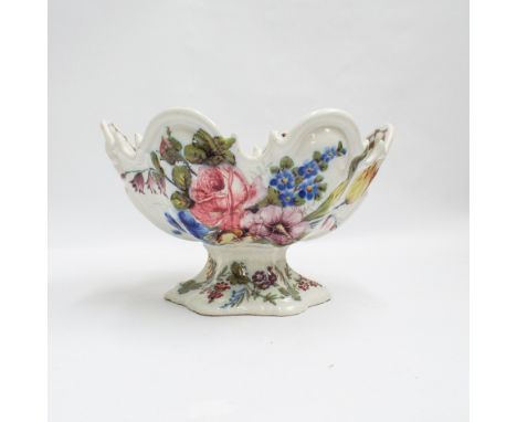 Nove Italian tin glazed pottery centre piece bowl hand painted with sprays of spring flowers, blue underglazed Nove signature