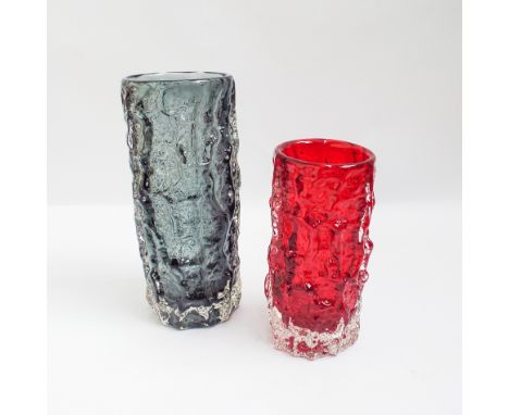 2 pieces of Whitefriars Bark glass by Geoffrey Baxter, one pewter, the other ruby red.  The largest vase 19.5cm tall 