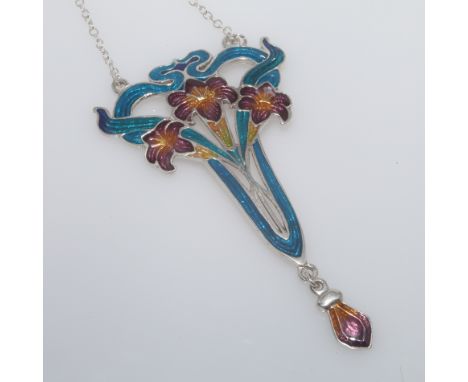 Art nouveau style polychrome enamel sterling silver flower design pendant on silver chain,