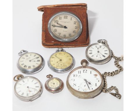 Group of vintage silver and chrome plated pocket watches to include a Jarrolds travelling clock   (7 items in the lot) 
