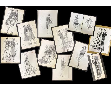 SELECTION OF COSTUME DESIGNS DRAWINGS ON PAPER BY VINTAGE FASHION DESIGNER DAVID WOLFE