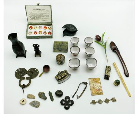 AN INTERESTING GROUP OF MAINLY ASIAN ITEMS INCLUDING CHINESE ENAMEL CUPS AND A JAPANESE CIGARETTE HOLDER TIGER DECORATION INC