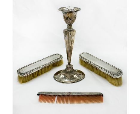 HALLMARKED SILVER CANDLESTICK AND THREE-PIECE BRUSH SET