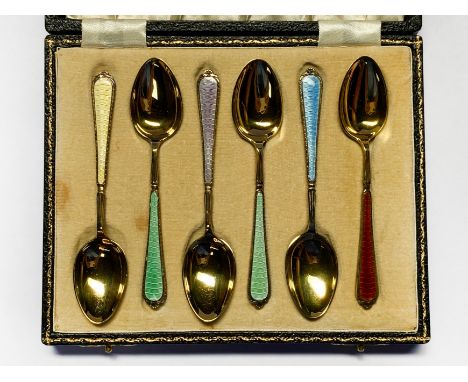 SIX BOXED SILVER &amp; ENAMEL TEASPOONS