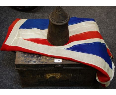 A Union Jack; a Huntley and Palmer night lantern tin; a tin trunk. (3)