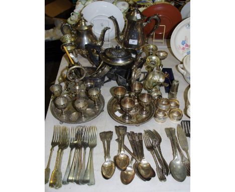 Plated ware - four piece tea service; egg stands; flat ware