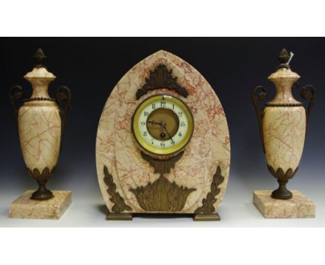 An Art Deco clock garniture pink variegated marble enamelled chapter ring Arabic numerals