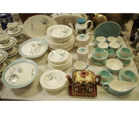 A retro British Anchor Pottery Whispering Grass pattern dinner and tea set, inc tureen and cover, gravy boat, dinner and side