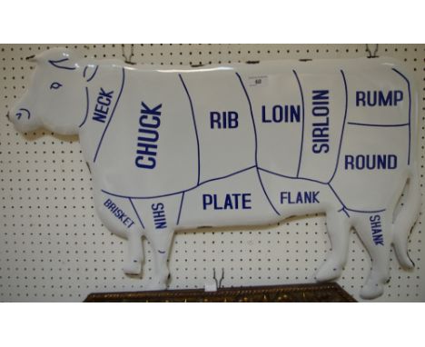 An Enamel Butchers Shop Window Display, showing meat cuts.