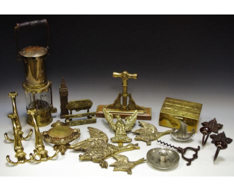 Brass ware and metalware -  a miner's safety lamp; cigarette box with embossed bamboo decoration; door knockers; corkscrew; c