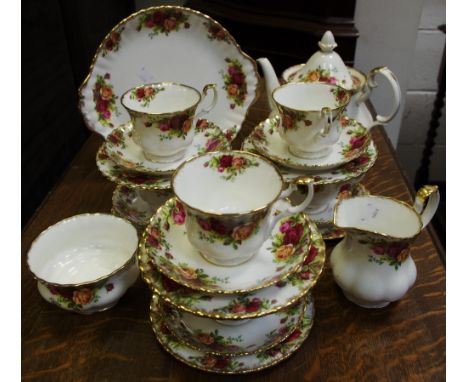 Royal Albert Old Country Roses, tea service for six including teapot, milk and sucrier, cake plate, tea plates, cups and sauc