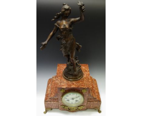 A French Figural Mantel  Clock,  spelter figure of Messagere rouge marble case, enamel dial, Arabic numerals gilt metal mount
