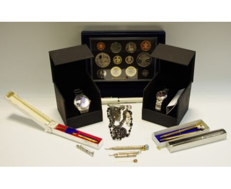 A 9ct Gold Stick Pin, two U.S Polo association gentleman's wristwatches (Boxed), propelling pencils, 2005 United Kingdom proo