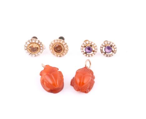 Three pairs of Victorian and later earrings, comprising two pairs of similar cluster earrings, each with a half-pearl border 