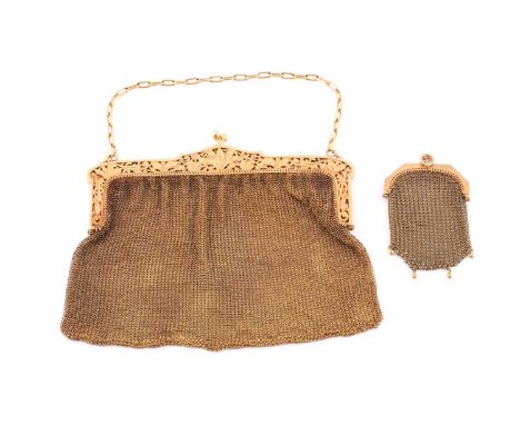 A French gold mesh evening bag and a 9ct gold small mesh purse, the French mesh evening bag with a shaped frame pierced and e