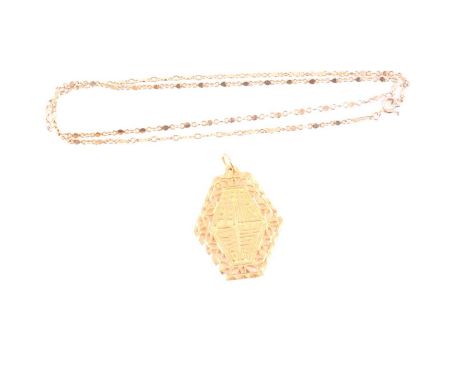 A Chinese yellow precious metal lozenge shape pendant, with Chinese characters carved to both sides, pierced surround, Chines