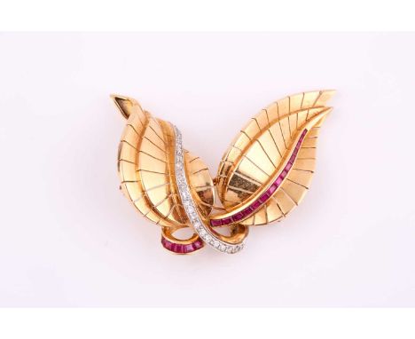 A French yellow metal ruby and diamond brooch, of double leaf form set with 8-cut diamonds and baguette-cut rubies, the rever