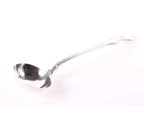 A Victorian silver soup ladle; London 1867 possibly by Henry Holland, hourglass varient pattern; 33cm length, 9.38ozt.Conditi