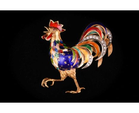 An enamel and diamond Cockrell brooch, set with 8-cut diamonds with an estimated weight of 0.35ct and enamel finish in a full