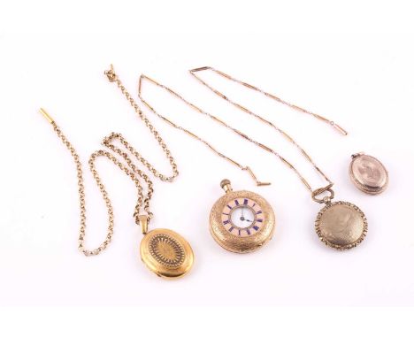 Continental 18k yellow gold half hunter watch with pink enamel and foliate chased case, 3.5cm case; Victorian oval yellow met