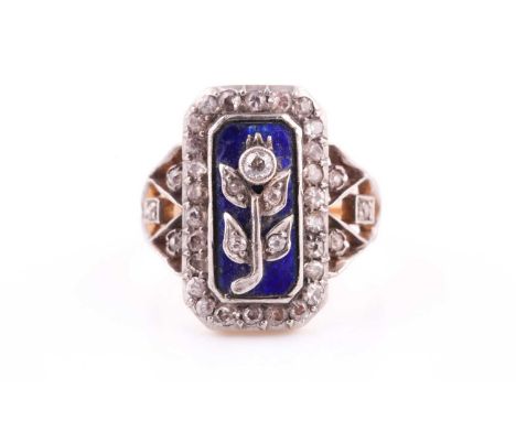 A 19th century gold, diamond and enamel panel ring, the rectangular blue enamelled head centred with a small diamond flower a