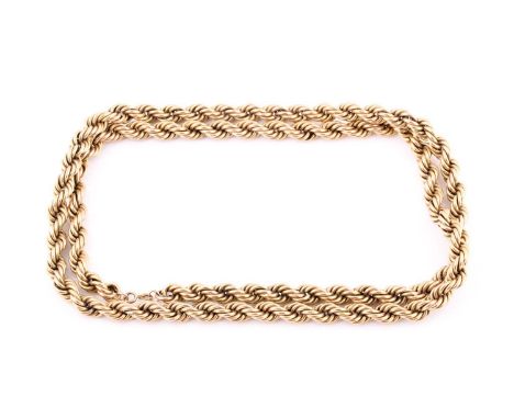 A 9ct yellow gold rope (hollow) chain, 35 inch. Condition report: Total weight 64.8grams.